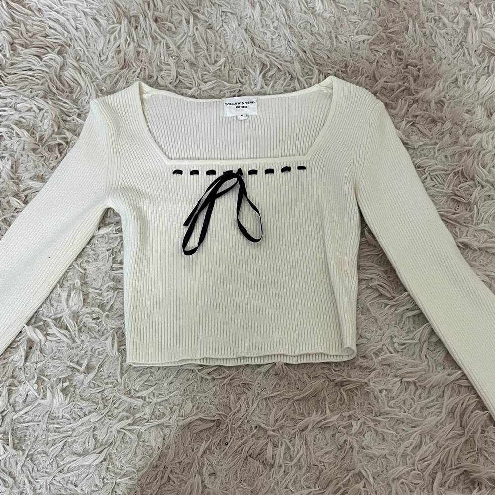 Willow & Clay Cream Ribbed Square-Neck Long Sleeve Top with Black Tie
